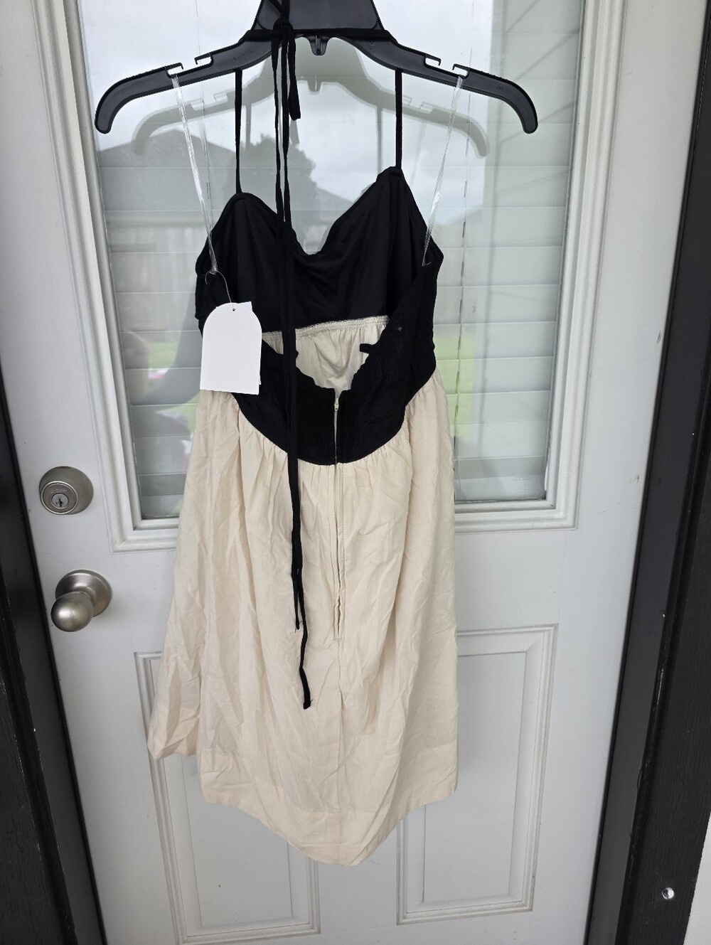 Row A Black Cream A-Line Midi Dress Halter Tie Back Cotton Linen Summer Dress M - Picture 4 of 8